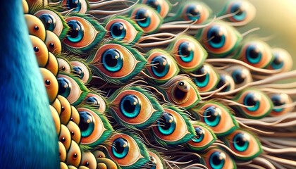 A whimsical, animated artwork of a close-up of a peacock's tail with the eye spots looking like human eyes.