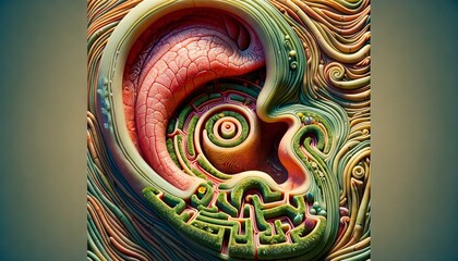 A whimsical, animated artwork of a detailed close-up of a human ear, with the inner ridges looking like a labyrinth garden.