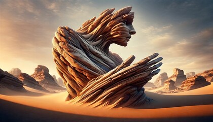 A whimsical, animated artwork of a rock formation in a desert that mirrors a human torso with arms stretched out. - obrazy, fototapety, plakaty