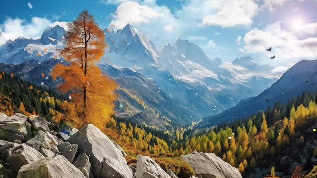  beautiful mountain landscape with autumn forest. panorama of the mountains in winter. seamless looping overlay 4k virtual video animation background 