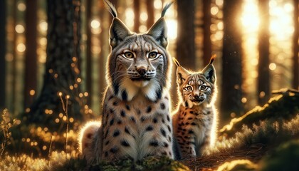 A photorealistic image of a lynx with its kitten in a forest setting during the golden hour.