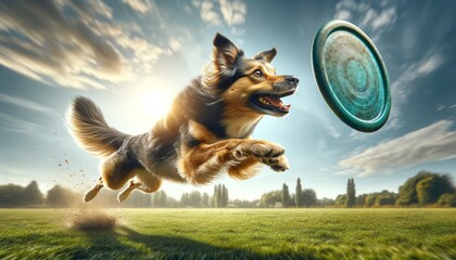 A photo-realistic image of a dog leaping towards a flying frisbee in a park, captured in a medium shot.