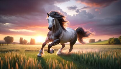 A photo-realistic image of a horse galloping across a field during sunset, captured in a medium shot.