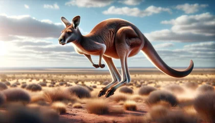 Foto op Canvas A photo-realistic image of a kangaroo bounding across the Australian outback, captured in a medium shot. © FantasyLand86
