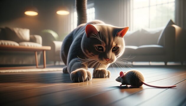 A photo-realistic image of a cat pouncing on a toy mouse in an indoor setting, captured in a medium shot.
