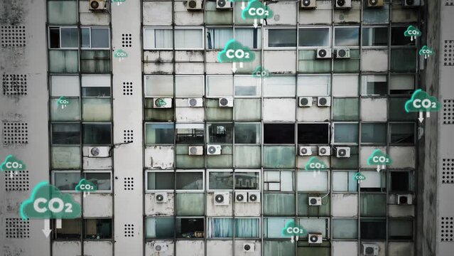 drone fly close to skyscraper with air conditioner unit installed outside the building wall, Class A appliances concept Co2 animation logo