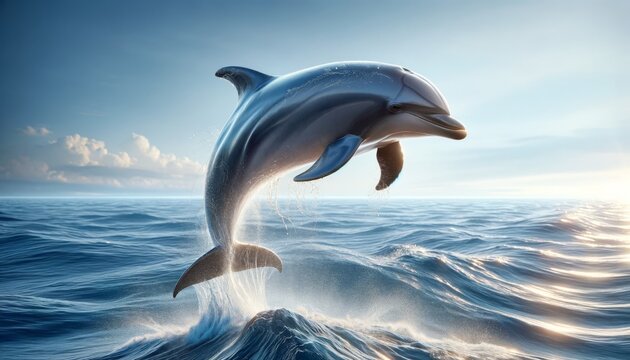 A photo-realistic image of a dolphin jumping out of the water, with a close or medium shot angle.