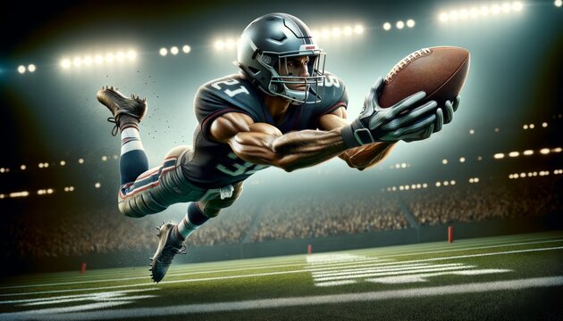 A photo-realistic image of a football player making a diving catch during a game, captured in a medium shot.