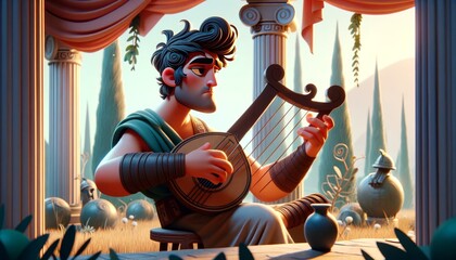 A whimsical, animated-style 2D illustration of Achilles playing the lyre in a serene scene. - obrazy, fototapety, plakaty