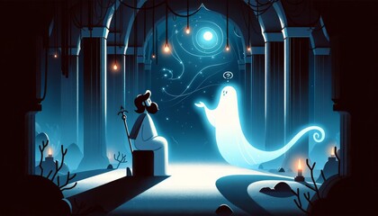 A whimsical, animated-style depiction of Odysseus consulting the prophet Tiresias in the underworld, focusing on minimalism.