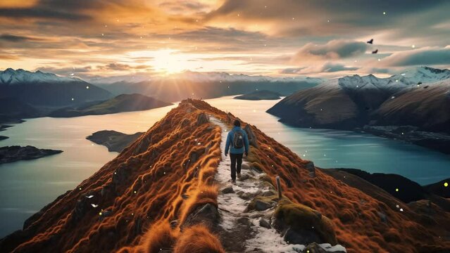 hiking roy speak or sunrise. beautiful nature scene background with mountain and lake. seamless looping overlay 4k virtual video animation background 