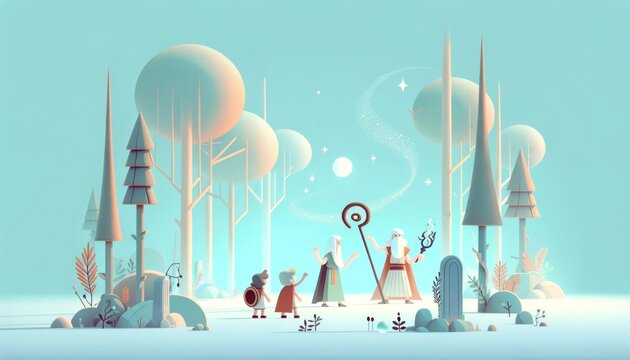 A whimsical, animated-style depiction of Odysseus and his men encountering the sorceress Circe, with a focus on minimalism.