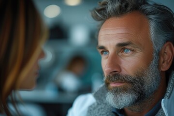 A man with a silver beard converses with a doctor before a medical procedure, expressing anticipation and confidence. - obrazy, fototapety, plakaty