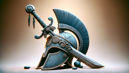 A whimsical, animated-style image of a close-up of Hector's sword and armor, symbolizing Trojan craftsmanship, from Greek mythology.