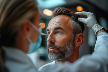 A doctor in blue gloves examines a man's head before a hair transplant procedure, showing an area with thinning hair. - obrazy, fototapety, plakaty