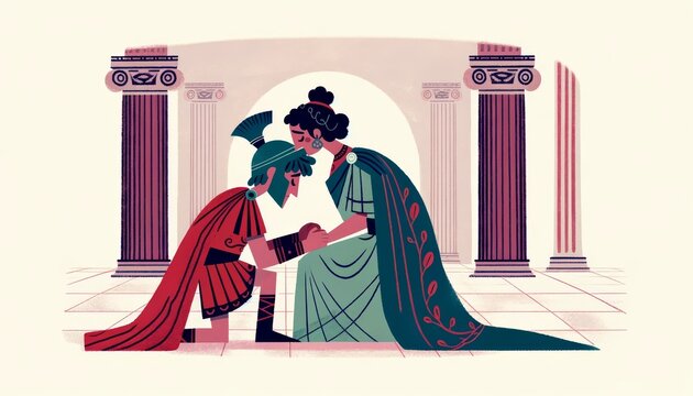 A whimsical, animated-style image of the emotional encounter between Hector and his mother, Hecuba, from Greek mythology.