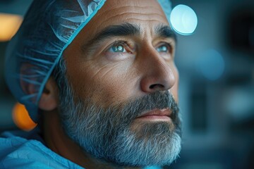 A man in a surgical cap and mask awaits the start of a medical procedure in an operating room surrounded by a medical team.