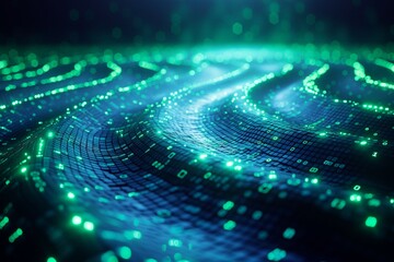 A paved abstract road made out of 0 and 1 binary code, colors, perspective and lightful