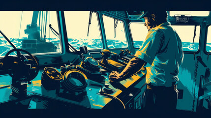 Fototapeta premium In the engine room of a shipping vessel an engineer works tirelessly to maintain the ships engines and keep it running smoothly. Its a job that often requires long stretches