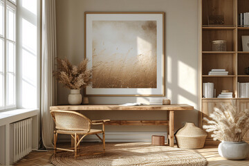 Fototapeta na wymiar Minimalist Scandinavian Interior Home Office Room, Home Workstation Table Chair, Desk and Frame