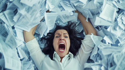 Stressed businesswoman shout out while buried in a mountain of paperwork - expressing anxiety and overwhelming work