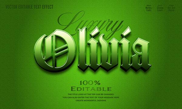 [Editable Text Effect] ”Luxury Olivia Logo” The title logo style is a glossy black letter typeface with a metallic shine on a green background that looks moist and comfortable to the touch.