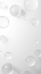 白背景に透明な球体のガラス。コピースペース。俯瞰。3D（縦長）