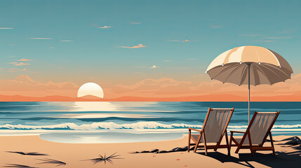Illustration of beach lying on the beach with a sunset on the horizon