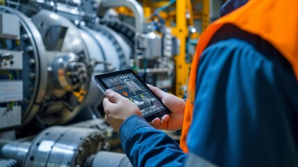 A detailed view of a workers hands as they use an ARpowered maintenance app on their smart device to monitor and track machine performance.