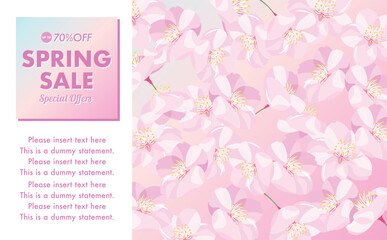 桜が描かれた春のセールのポップな余白のある横長タイトルフレーム_レインボーグラデーション