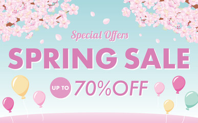 桜と風船が描かれた余白・コピースペースのあるポップな春の青空の背景セールフレーム素材