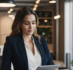 Modern Workspace: Businesswoman at Digital Command