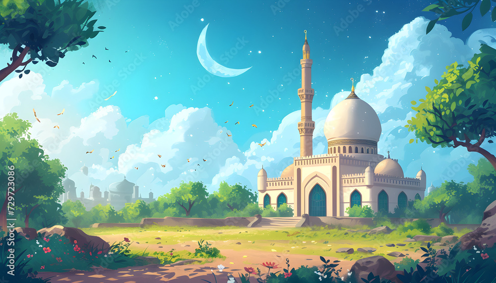 Wall mural a beautiful mosque with an islamic background, celebrating ramadan mubarak.