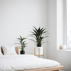 Ethereal Asian Minimalist Bedroom with Indoor Plants and Monochrome Aesthetic Gen AI