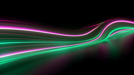 Green and Purple neon light stripe tails on black background, futuristic waved light lines, panorama backdrop 