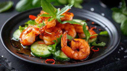 Flaming red shrimp coated in a smoldering y sauce and served alongside a refreshing cucumber and avocado salad.
