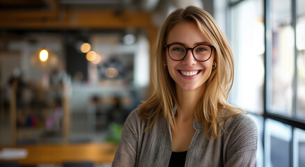 Fototapeta premium Warm Welcoming Smile: Professional Woman in Modern Office Space