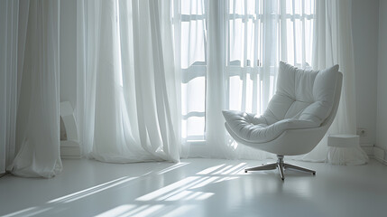 white armchair in the white room with window and curtains. 3d rendering,Sunlit Elegance: A Cozy...