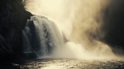 A secluded waterfall shrouded in mist its beauty amplified by the suns soft light.
