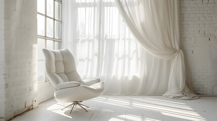 white armchair in the white room with window and curtains. 3d rendering,Sunlit Elegance: A Cozy Corner with a Modern White Chair and Flowing Curtains