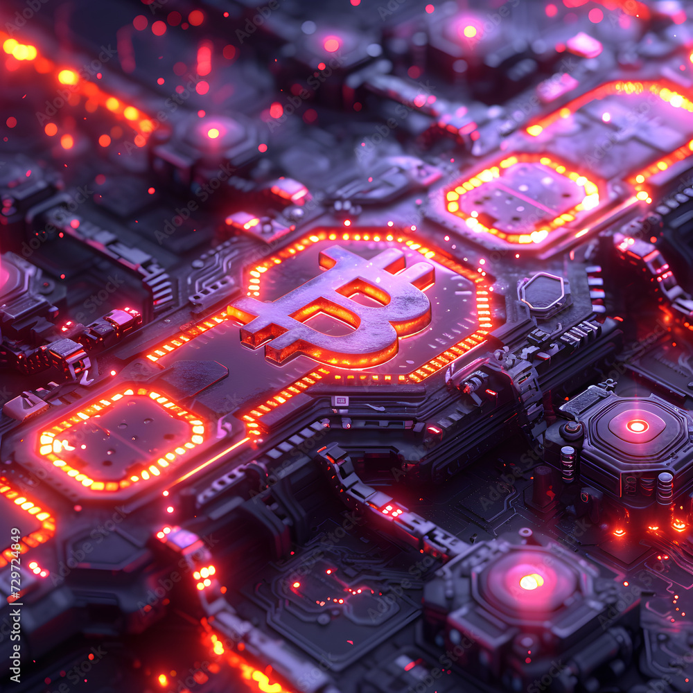 Fototapete abstract 3d rendering of computer circuit board with glowing bitcoin symbol.illuminated bitcoin symb