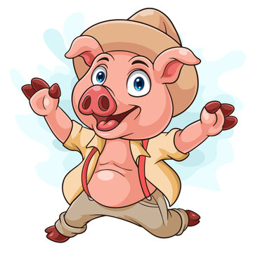Cartoon pig wearing farmer clothes