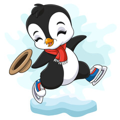 Cute penguin ice skating. isolated on white background