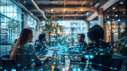 Business, finance, marketing, technology. Modern space office interior blurred with information technology overlay. Corporate strategy for finance, operations, marketing. Tables with computers for wor