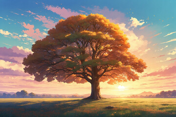 An old big tree in the middle of a wide meadow in autumn at sunset. In anime style