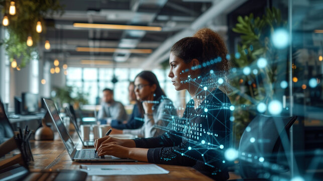 Business, finance, marketing, technology. Modern space office interior blurred with information technology overlay. Corporate strategy for finance, operations, marketing. Tables with computers for wor