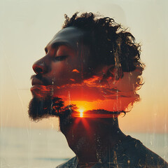 Double exposure portrait of a man with a beautiful sunset in the background,Harmonious Blend of Nature and Human: A Serene Sunset Silhouette Over the Ocean