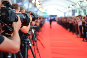 Photographers with flashes on red carpet - obrazy, fototapety, plakaty