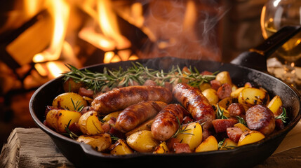 A traditional fireside feast with smoky sausage links and crispy potatoes nestled in a cast iron pan. The warmth from the fire provides the perfect setting for this comforting