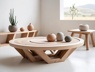 Minimalistic Zen Garden Interior with Multi-Functional Furniture and Geometric Shapes Gen AI